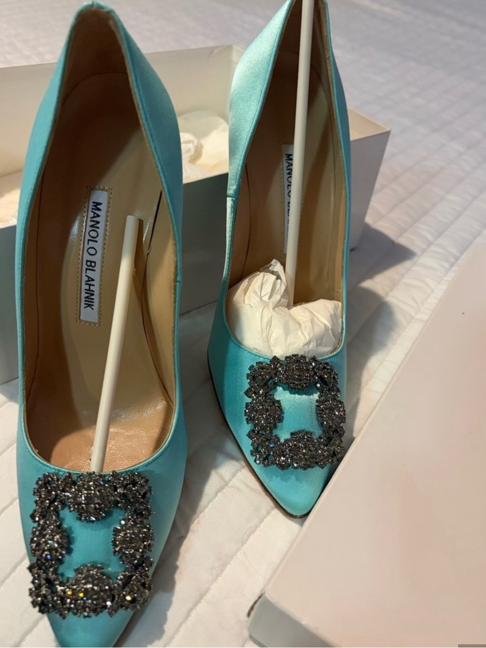 Manolo Blahnik Turquoise Satin Pointed Toe Pumps with Crystal Buckle